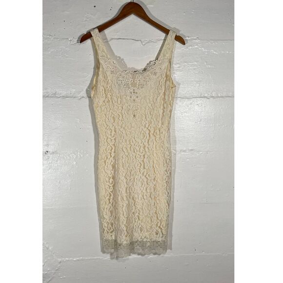 Rare Vintage Léger Ivory Lace Bodycon Dress Square Neckline Women's Size 11/12 - Picture 2 of 12